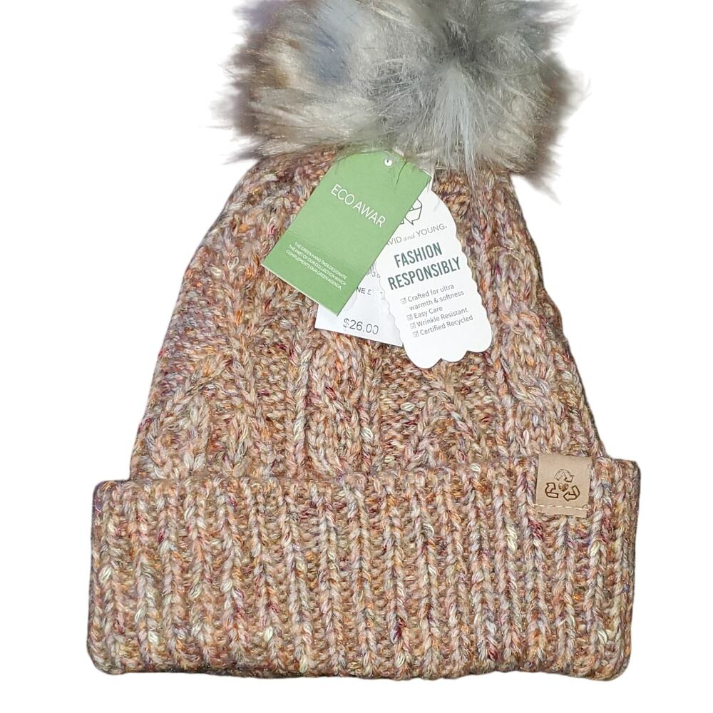 David & Young Women's Multi colored ribbed knit pom pom Eco Awar Knit Beanie Hat